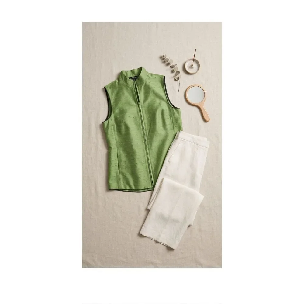 Silk Dupiani + Wool Lined Full Zip Vest Green M Eileen Fisher Coastal Grandma - Picture 9 of 9